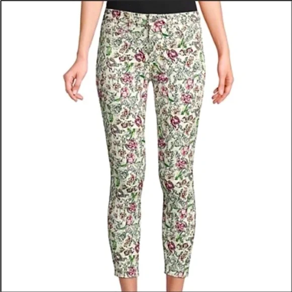 L’Agence Cream Floral Print Margot Skinny Cropped Jeans Sz25 Zip Fly ButtonClose - Picture 3 of 16